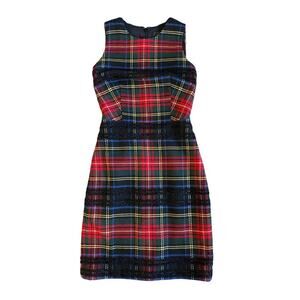 Women’s J Crew Sheath Plaid Holiday Dress Lurex Stewart Tartan Red Black 2 Tall